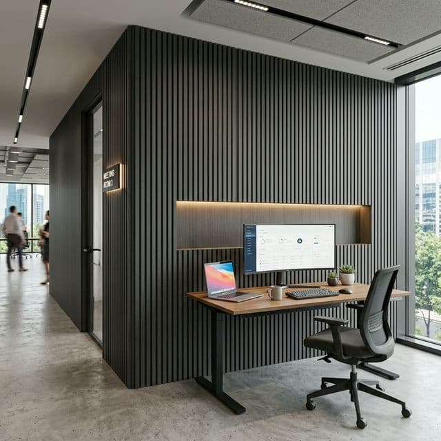 Dark fluted WPC wall cladding panels in a modern office interior